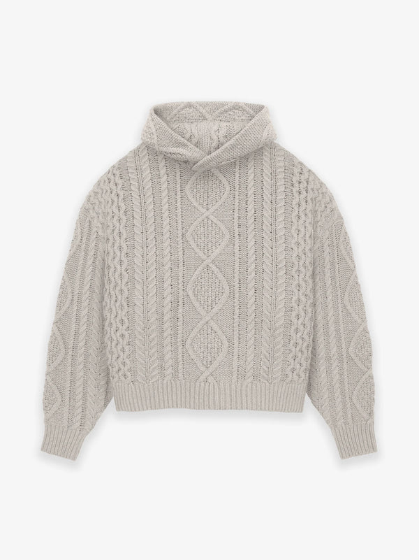 CABLE KNIT HOODIE SILVER CLOUD