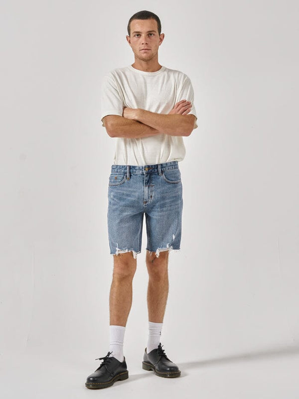 DESTROYED BONES DENIM SHORT-AGED BLUE