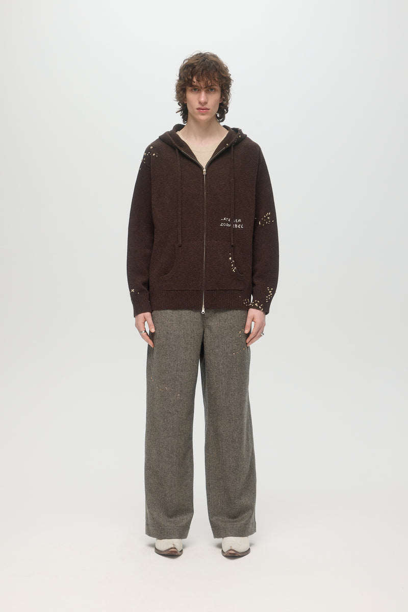 OFFICE KNIT ZIP HOODIE - BROWN