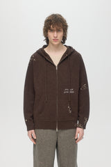 OFFICE KNIT ZIP HOODIE - BROWN
