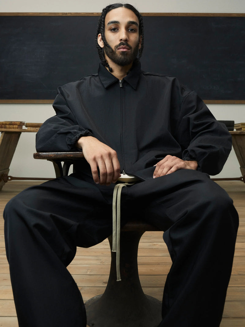 TEXTURED NYLON TRUCKER JACKET - BLACK